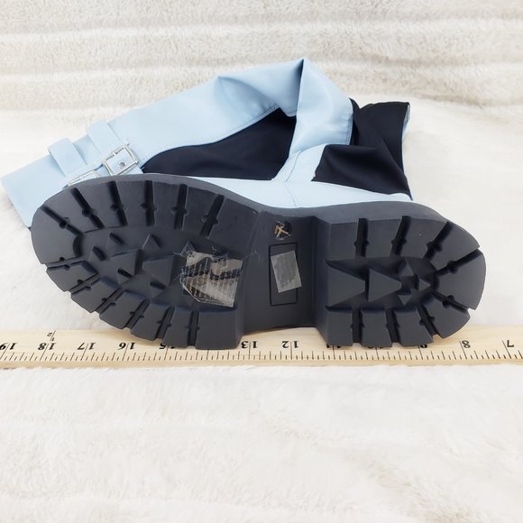Techno Baby Blue Lycra Stretch Lug Sole Thigh High Combat Rider Brand New - Picture 10 of 16